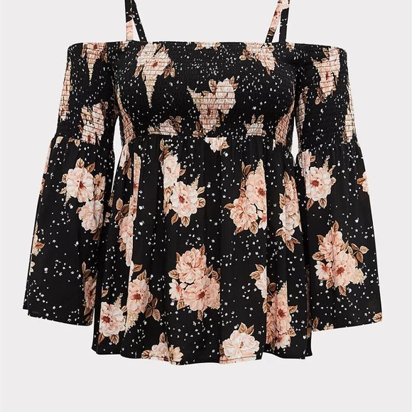 Torrid Floral Challis Cold Shoulder Blouse Black Top Smocked Size 4 4X H13469 - Picture 11 of 11